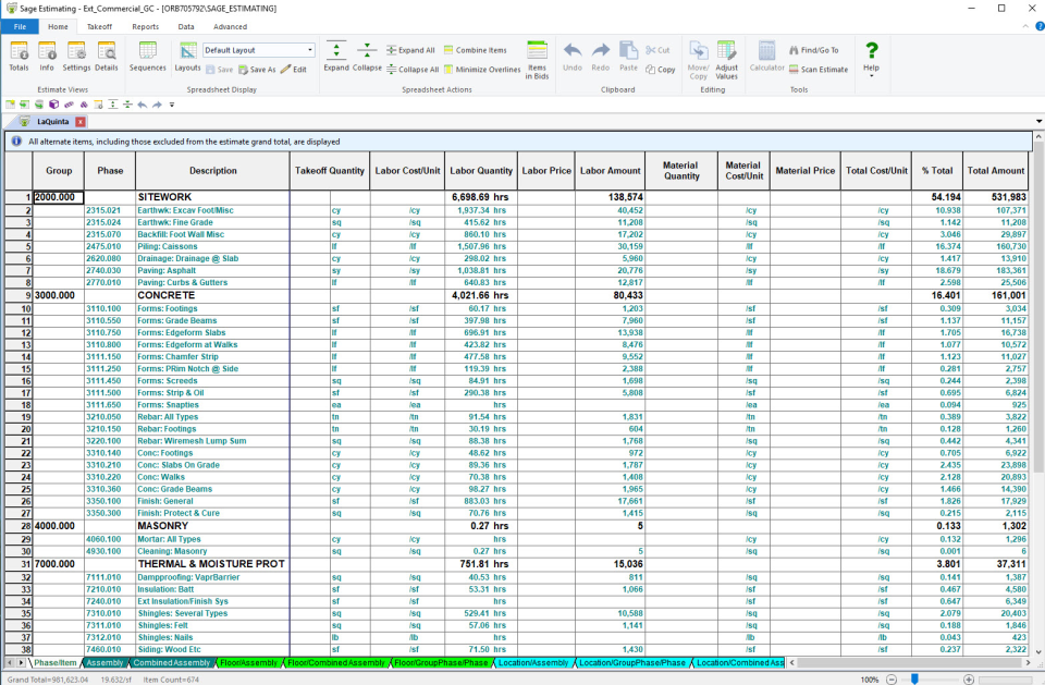 screenshot of Sage Estimating